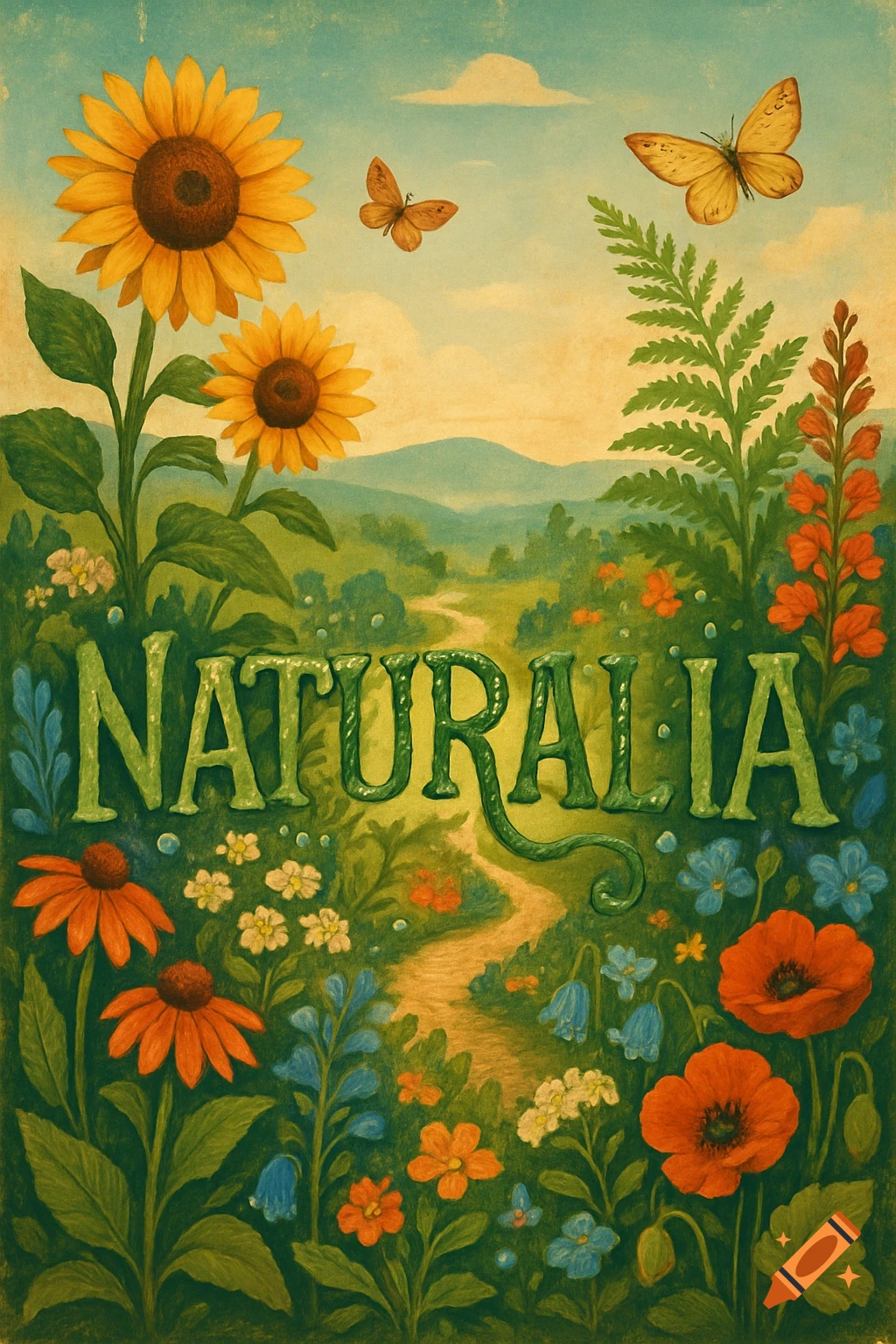 Vintage-style poster with "NATURALIA" text, sunflowers, poppies, and butterflies in a lush meadow with distant hills.