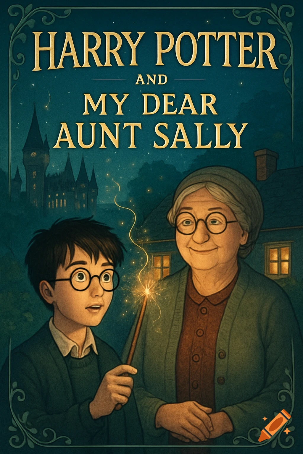 Illustrated book cover of Harry Potter and an old woman, Harry holding a sparkling wand, with a castle and cottage in the background at night.