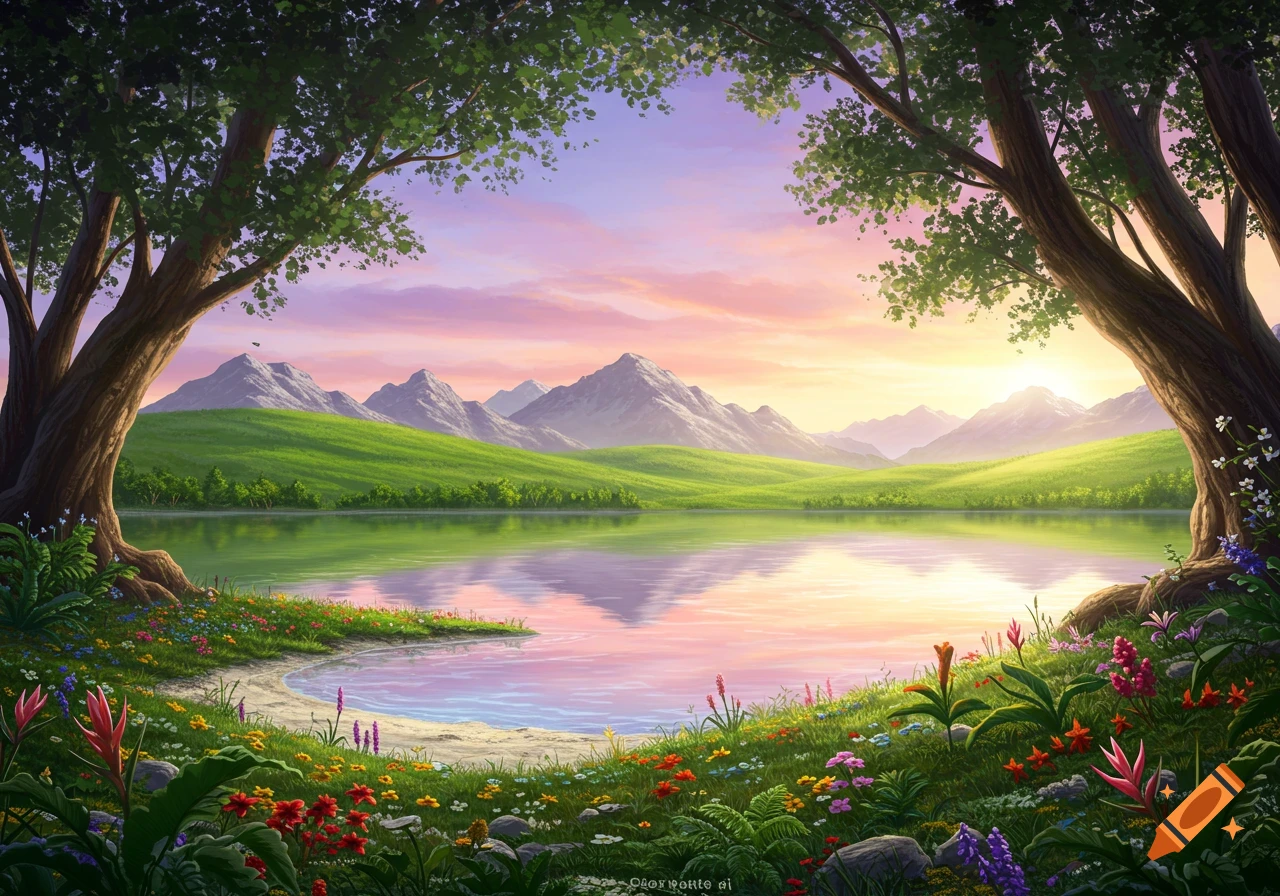 A vibrant fantasy landscape at sunset with a calm lake reflecting the colorful sky, surrounded by lush green hills, mountains, and colorful wildflowers.