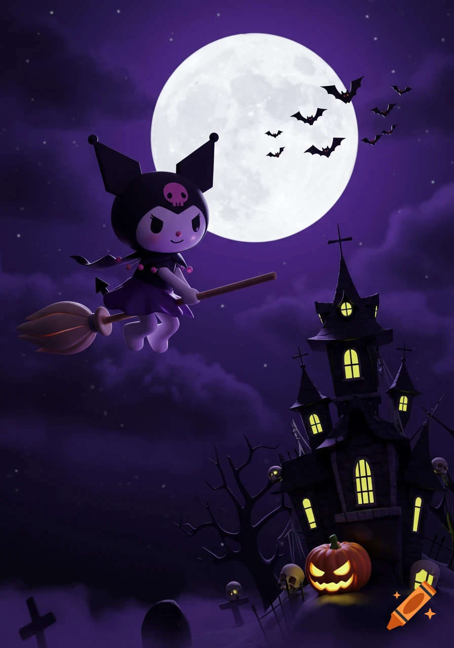 3D cartoon of Sanrio's Kuromi flying on a broomstick against a full moon, with a haunted house, bats, and a graveyard below.