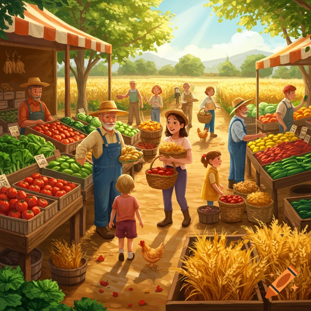 A vibrant, illustrative farmers' market under a sunny sky, showing farmers and customers at produce stalls.