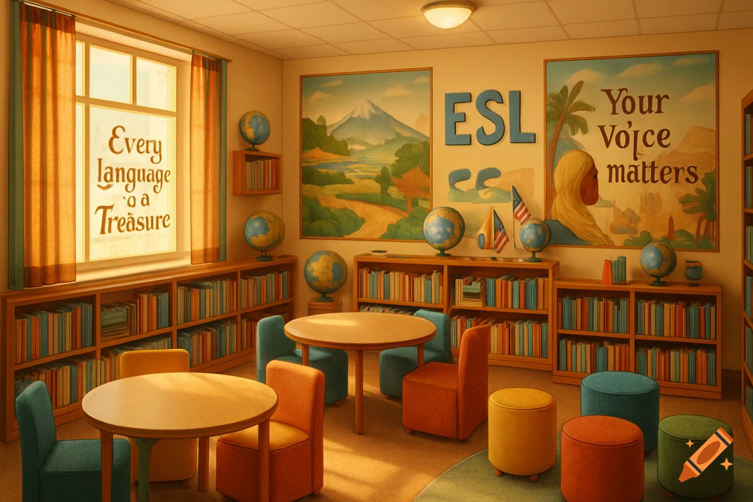 A welcoming ESL classroom with bookshelves, globes, and posters with inspirational quotes and a mountain landscape.