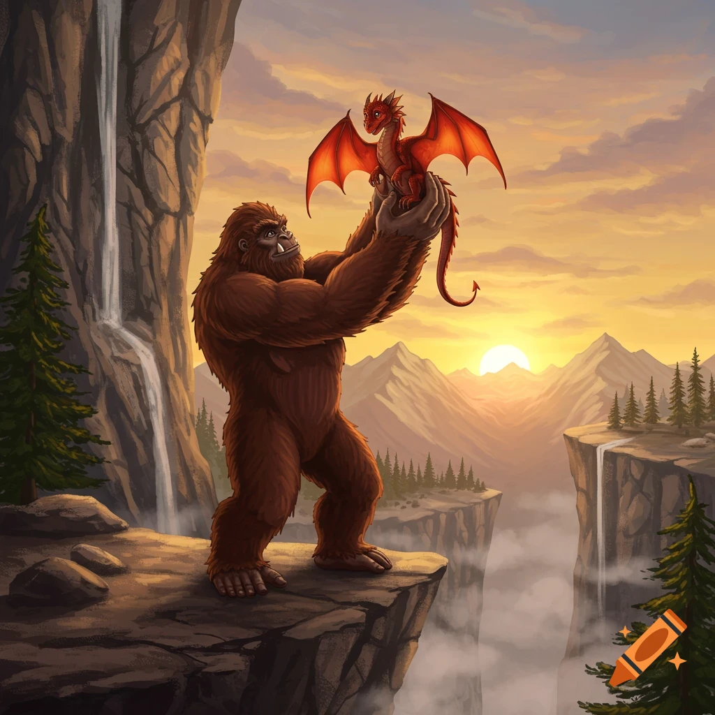 A brown yeti holds a small red dragon high above its head on a cliff, overlooking a mountain valley at sunset.