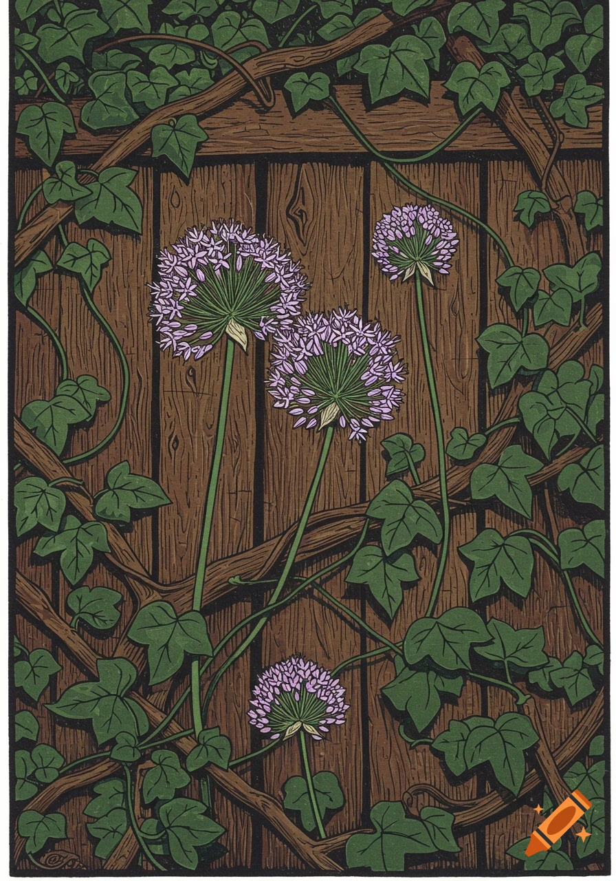 Allium flowers and ivy vines climbing a wooden fence in a linocut style.