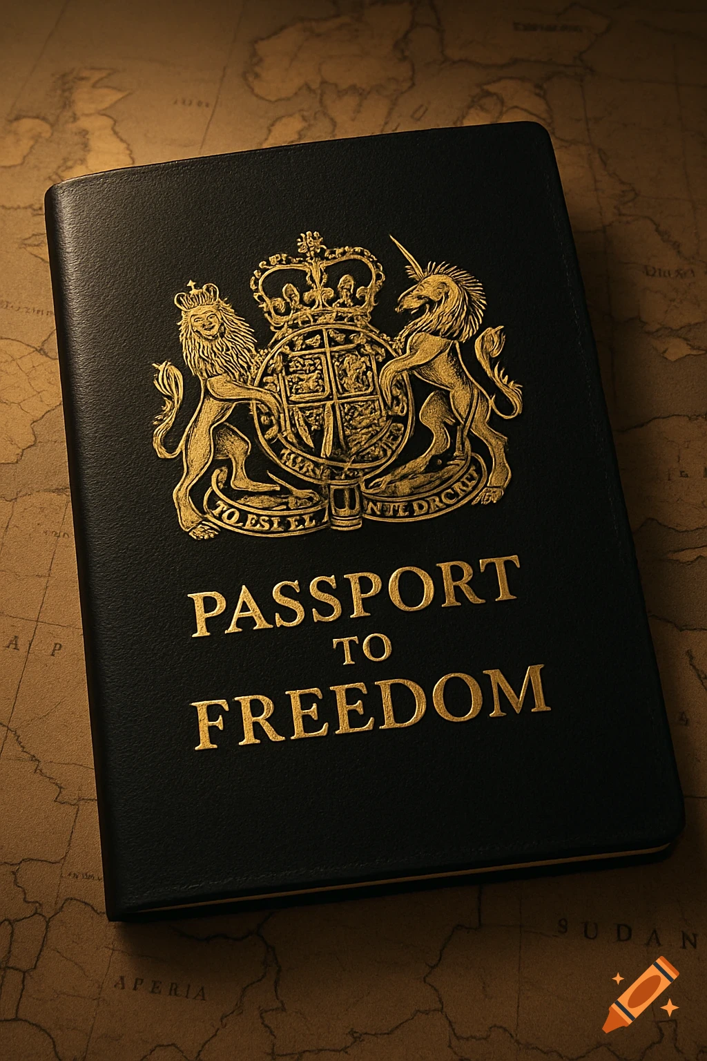 A black passport cover with a golden British coat of arms and the words "PASSPORT TO FREEDOM" embossed in gold. It lies on a vintage map.