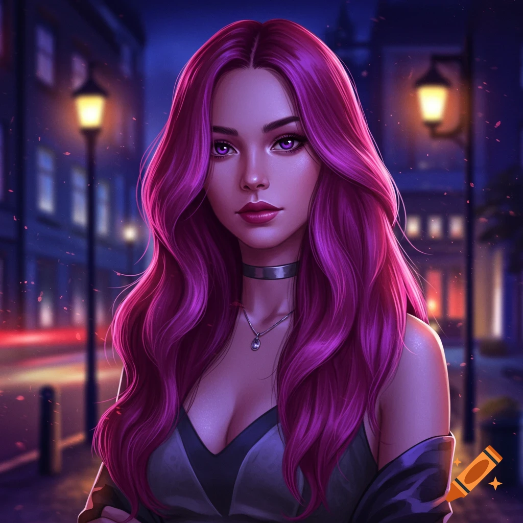 Stylized digital painting of a woman with long, wavy purple hair and purple eyes, wearing a dark top, standing on a city street at night.