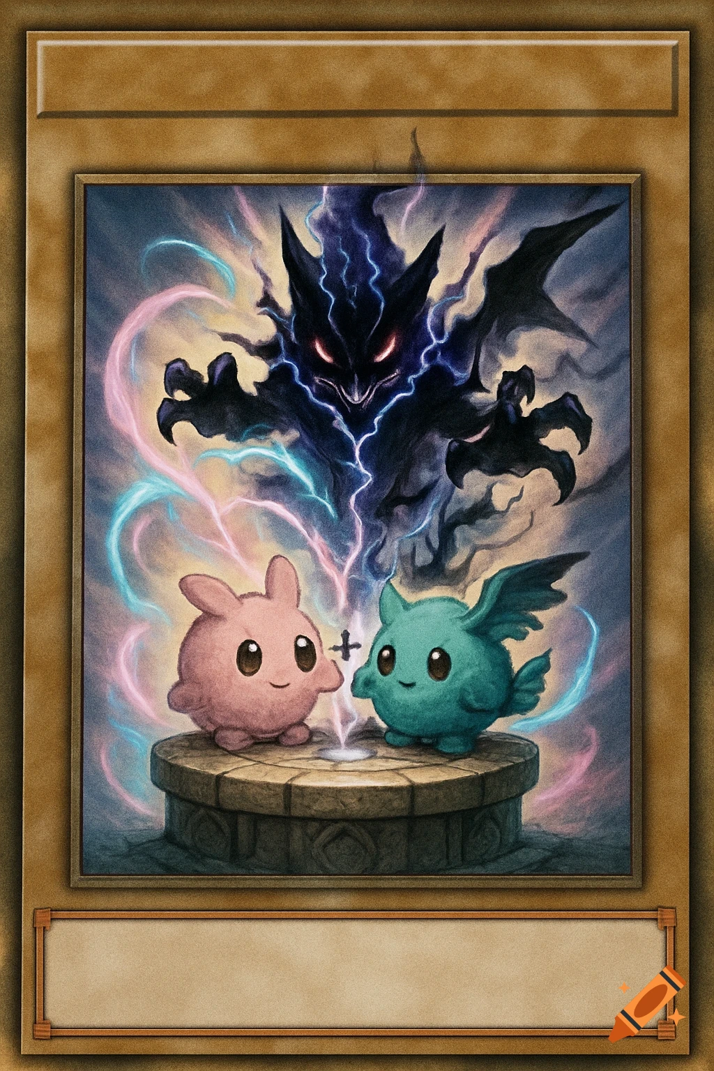A Yu-Gi-Oh card showing a pink and a teal cute monster fusing into a dark, scary monster with glowing red eyes.