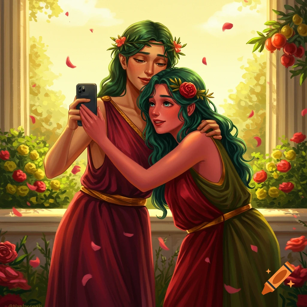 Two women with green hair, one taking a selfie with the other in a lush garden with roses and classical columns, in a digital art style.