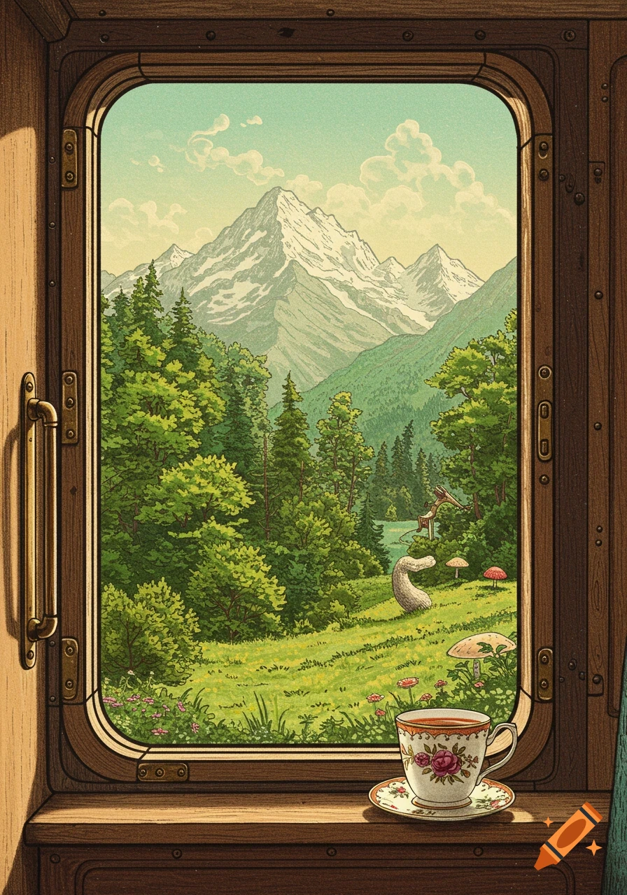 Vintage drawing of a mountain forest landscape viewed from a train window, with a teacup on the sill.