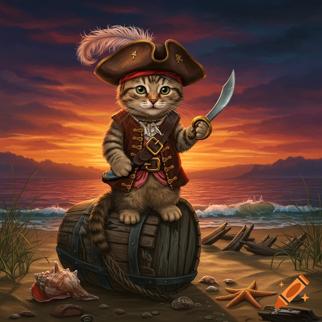 A cute tabby cat dressed as a pirate, sitting on a barrel on a beach at sunset, holding a cutlass.