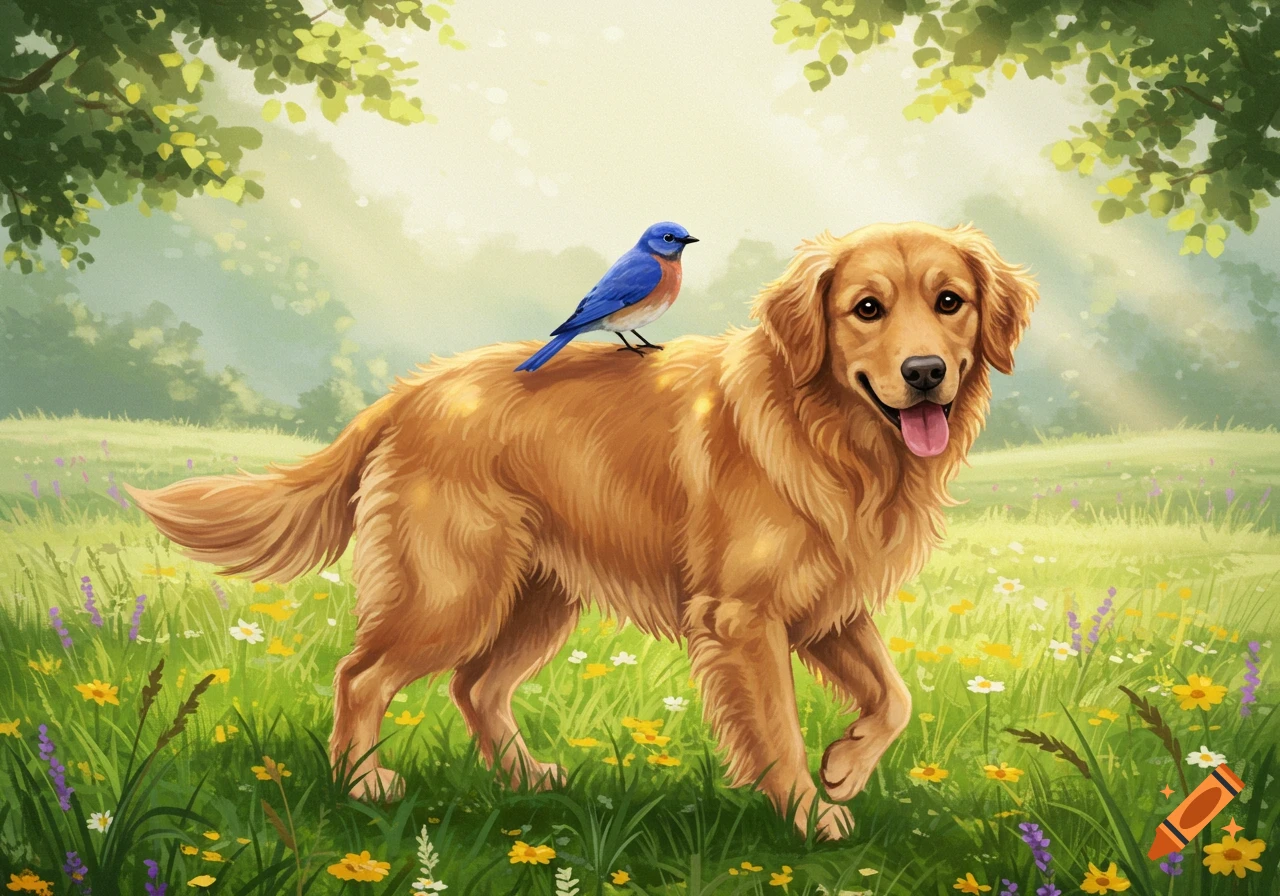 A golden retriever dog stands in a sunny field of wildflowers with a blue bird perched on its back, in a soft illustration style.