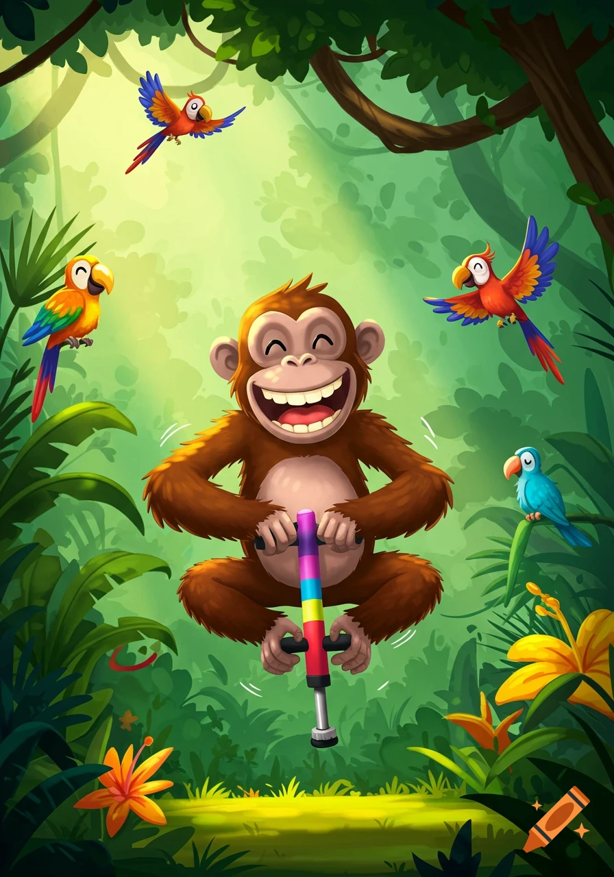 A happy cartoon monkey jumps on a rainbow pogo stick in a vibrant jungle, surrounded by smiling parrots and lush greenery.