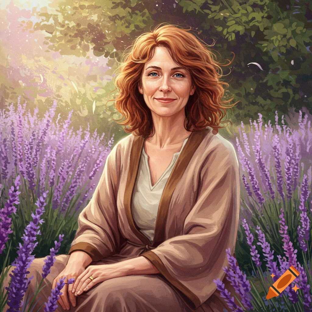 Digital painting of a smiling woman with red, curly hair sitting in a vibrant field of purple lavender flowers.