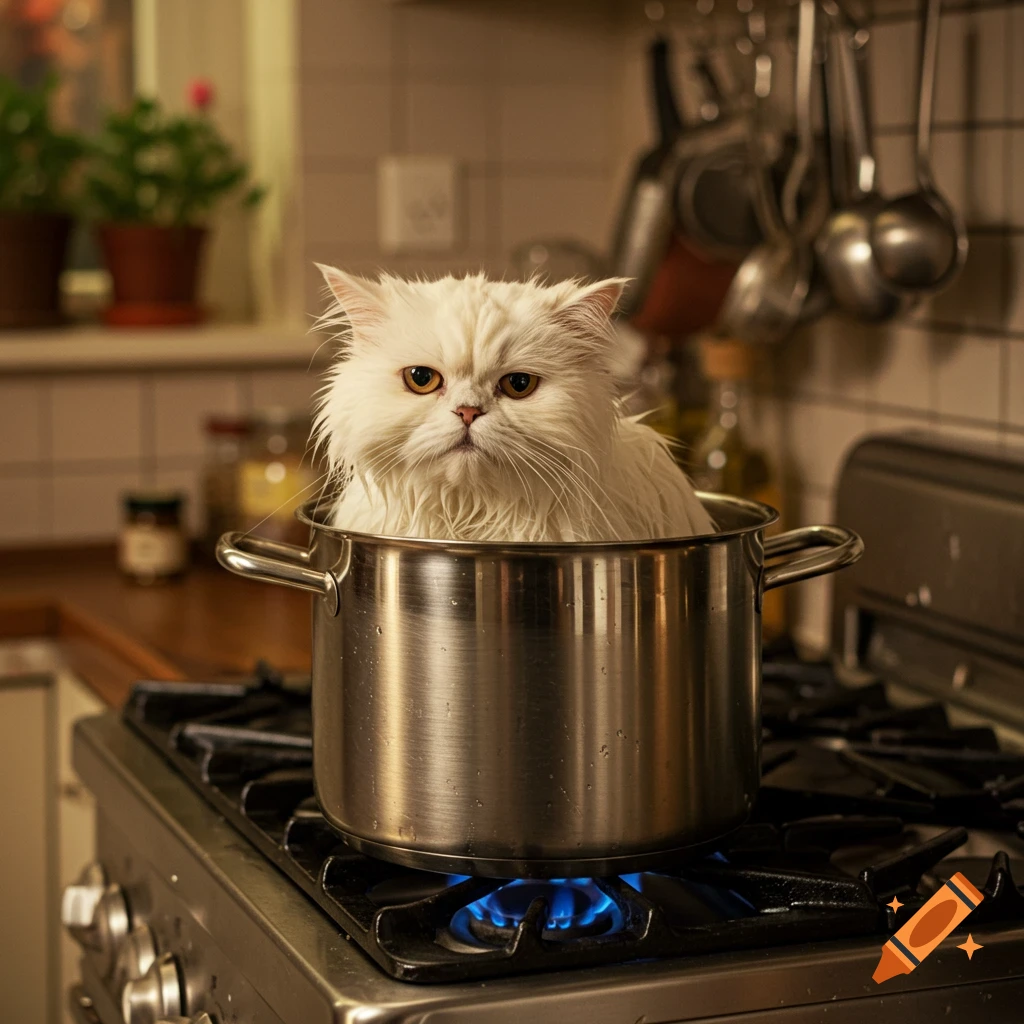 A wet, annoyed white Persian cat sits in a cooking pot on a lit stove in a photorealistic style.