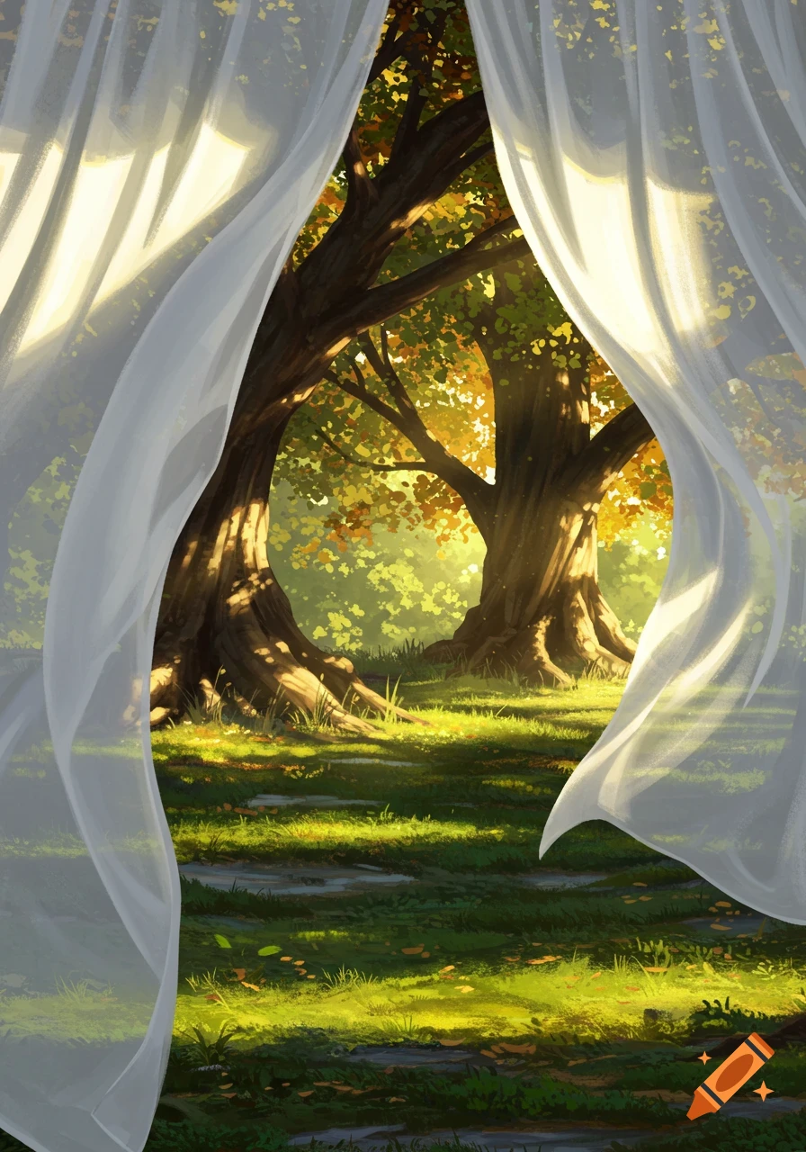 Sunlit forest scene viewed through flowing white sheer curtains, rendered in a painterly style.