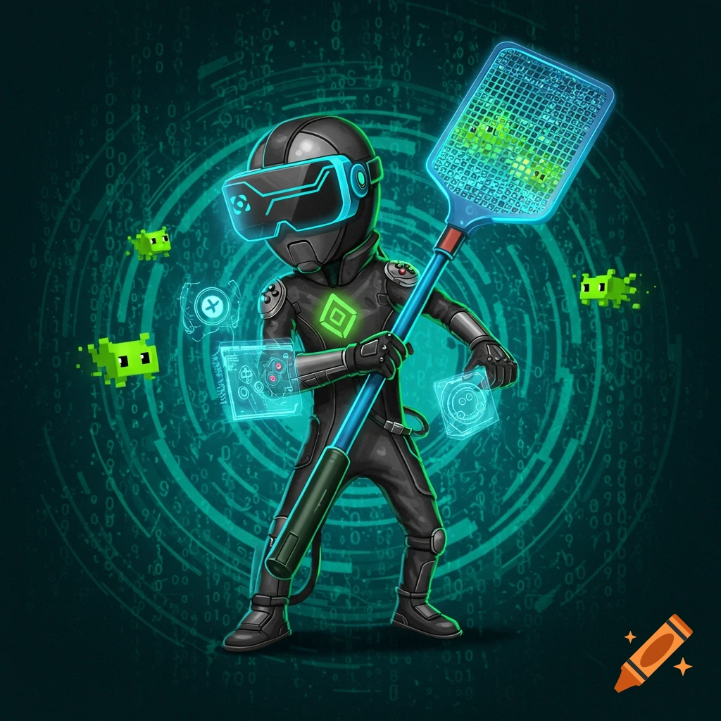 A stylized gamer avatar in a VR headset and black suit holds a futuristic fly swatter, surrounded by pixelated bugs and digital interfaces on a binary code background.