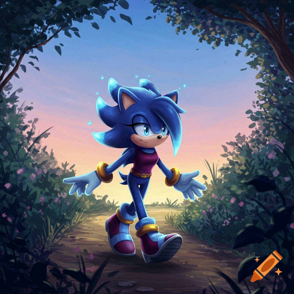 An anime-style blue hedgehog character with glowing hair walks on a forest path at sunset.