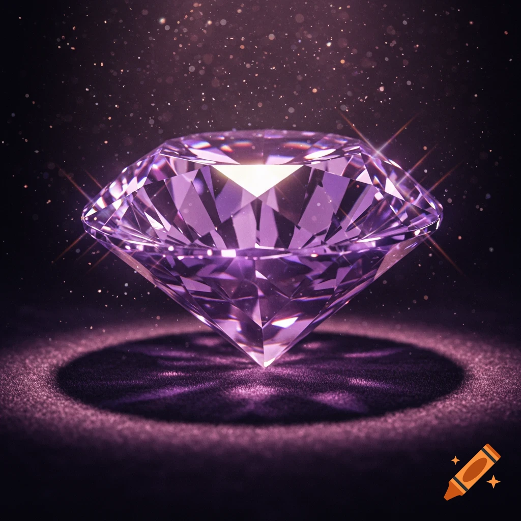 A brilliant purple diamond with sharp facets sparkles on a dark, shimmering surface, surrounded by glowing particles.