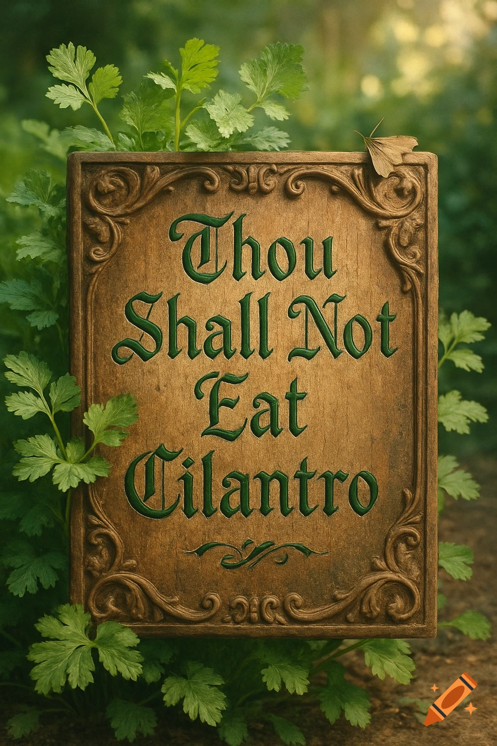 A rustic wooden sign with green carved text 'Thou Shall Not Eat Cilantro' surrounded by vibrant green cilantro leaves in a soft focus garden.