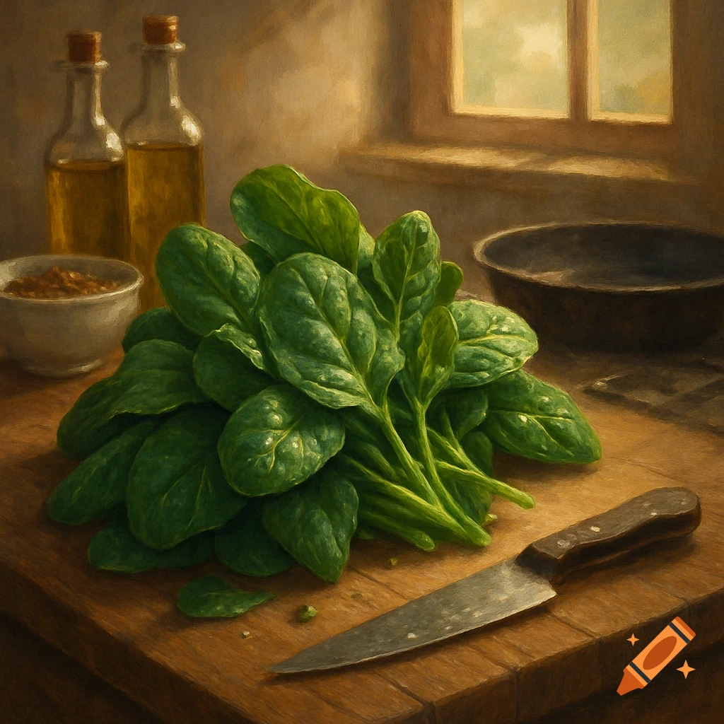 A still life painting of fresh green spinach on a wooden cutting board with a knife, olive oil bottles, and a bowl in a kitchen setting.