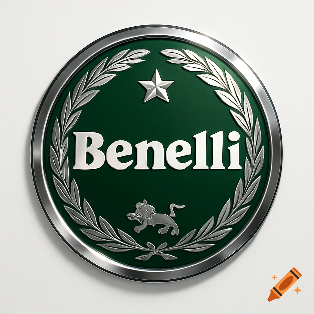 Circular green Benelli logo with silver text, a star, a lion, and a laurel wreath frame.
