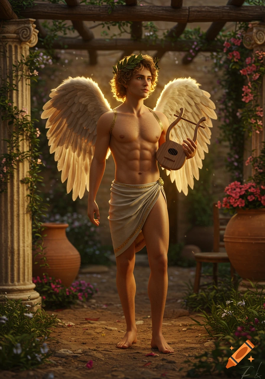 Hyper-realistic image of a winged male youth with a laurel crown and loincloth, holding a lyre in a classical garden bathed in golden light.