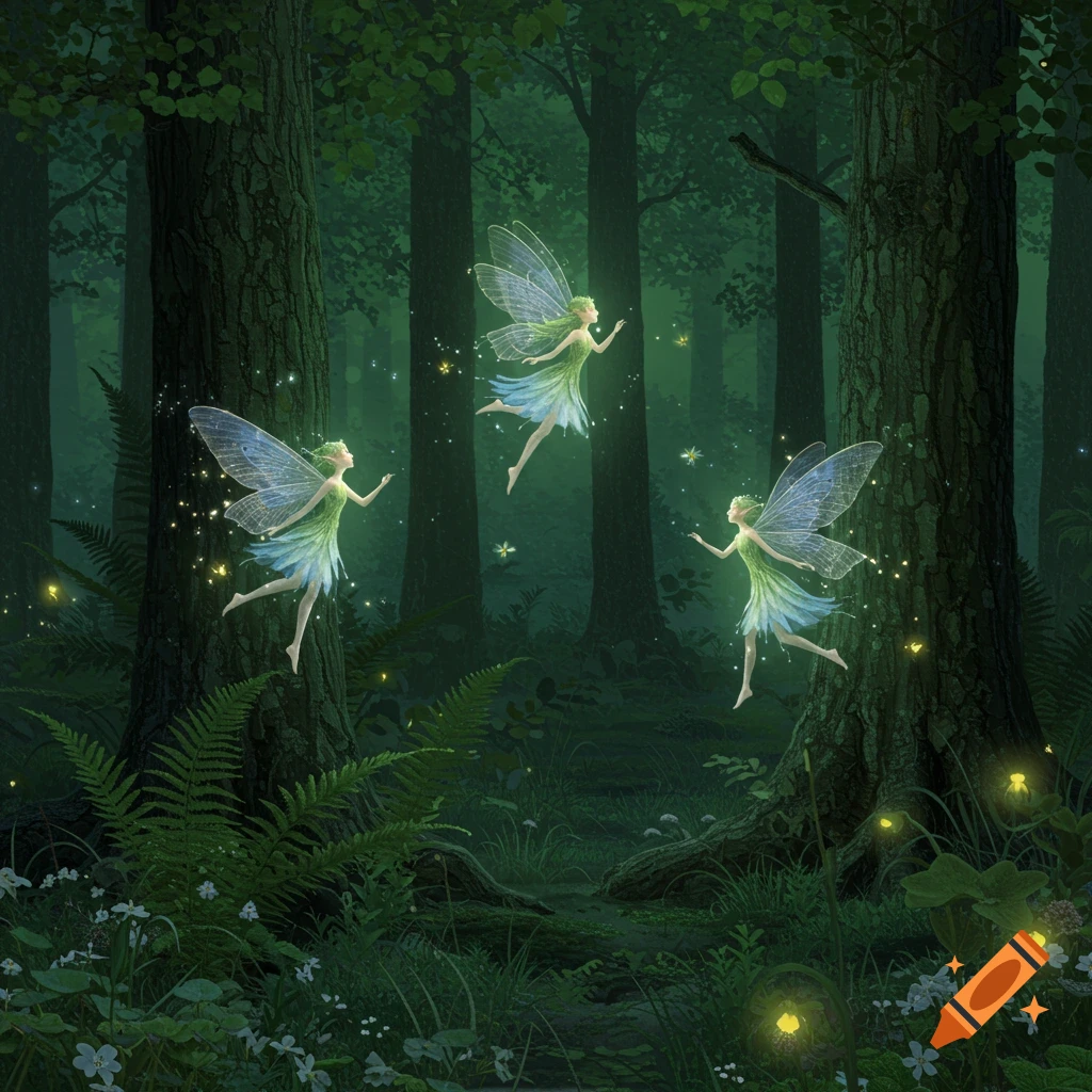 Three glowing fairies float among tall trees in a dark, enchanted forest at night, with sparkling lights.