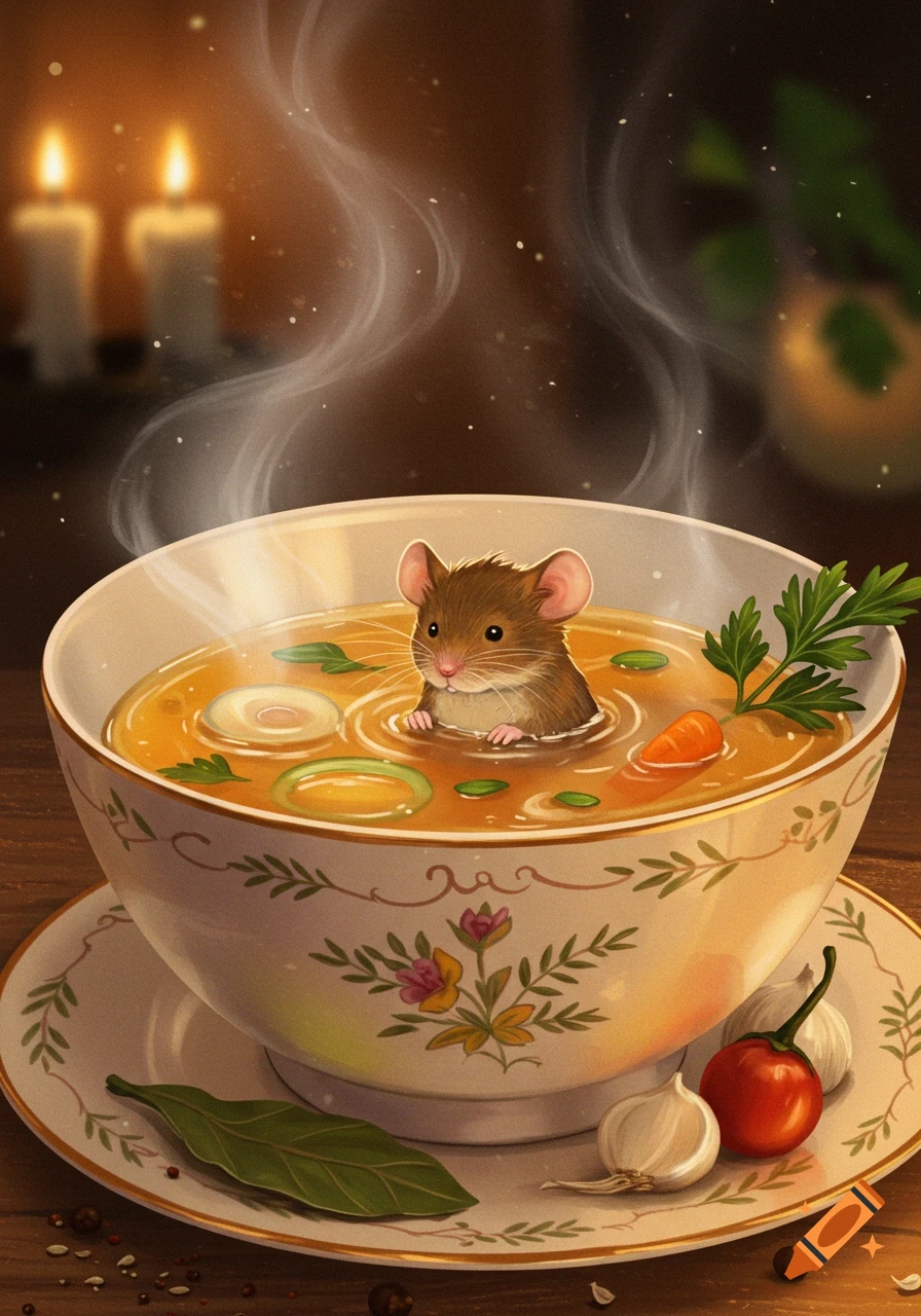A cute brown mouse swims in a steaming bowl of vegetable soup, depicted in a warm, whimsical illustration with candlelight.