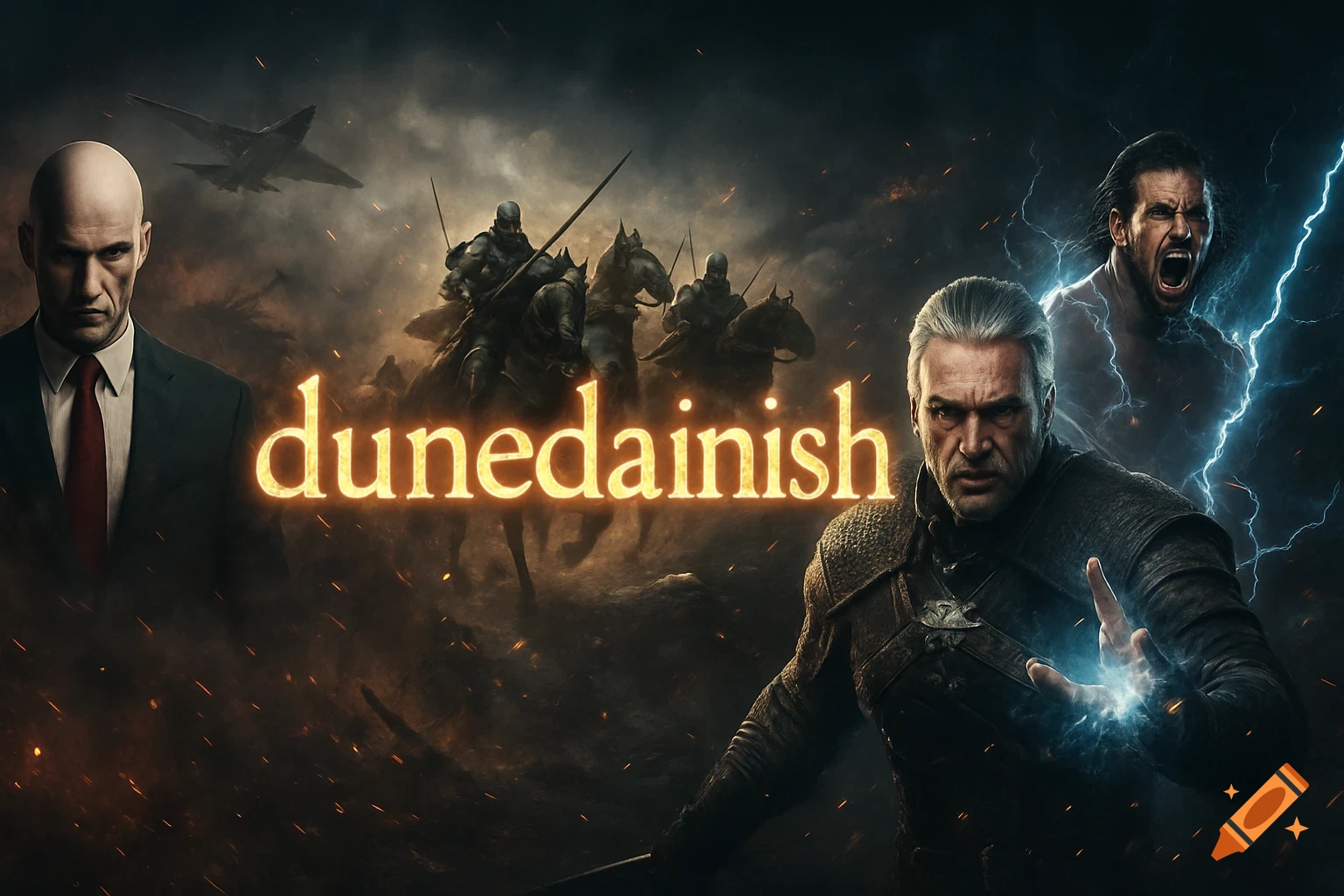Agent 47, Geralt of Rivia, and a wrestler in an epic battle scene with knights, a jet, smoke, fire, and lightning, with glowing text "dunedainish".