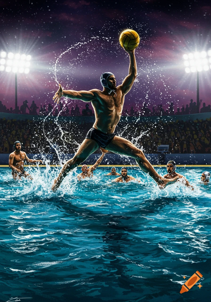 A dynamic illustration of a muscled water polo player leaping out of the water with a yellow ball, under stadium lights.