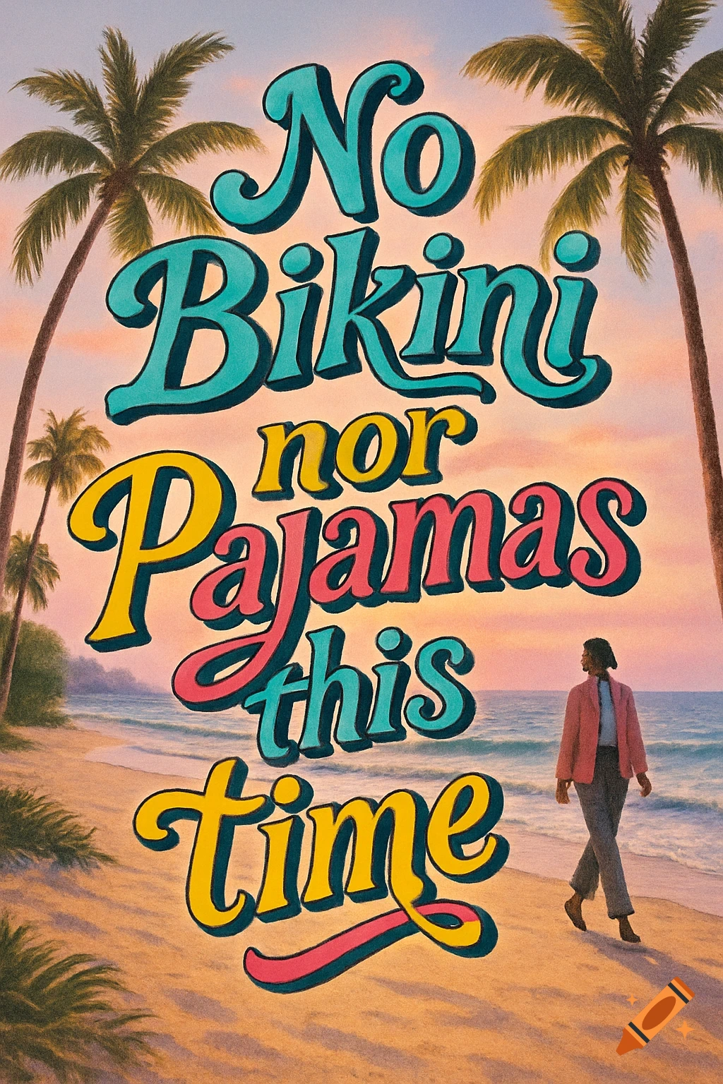 Colorful typography on a beach with a person walking by the ocean and palm trees.