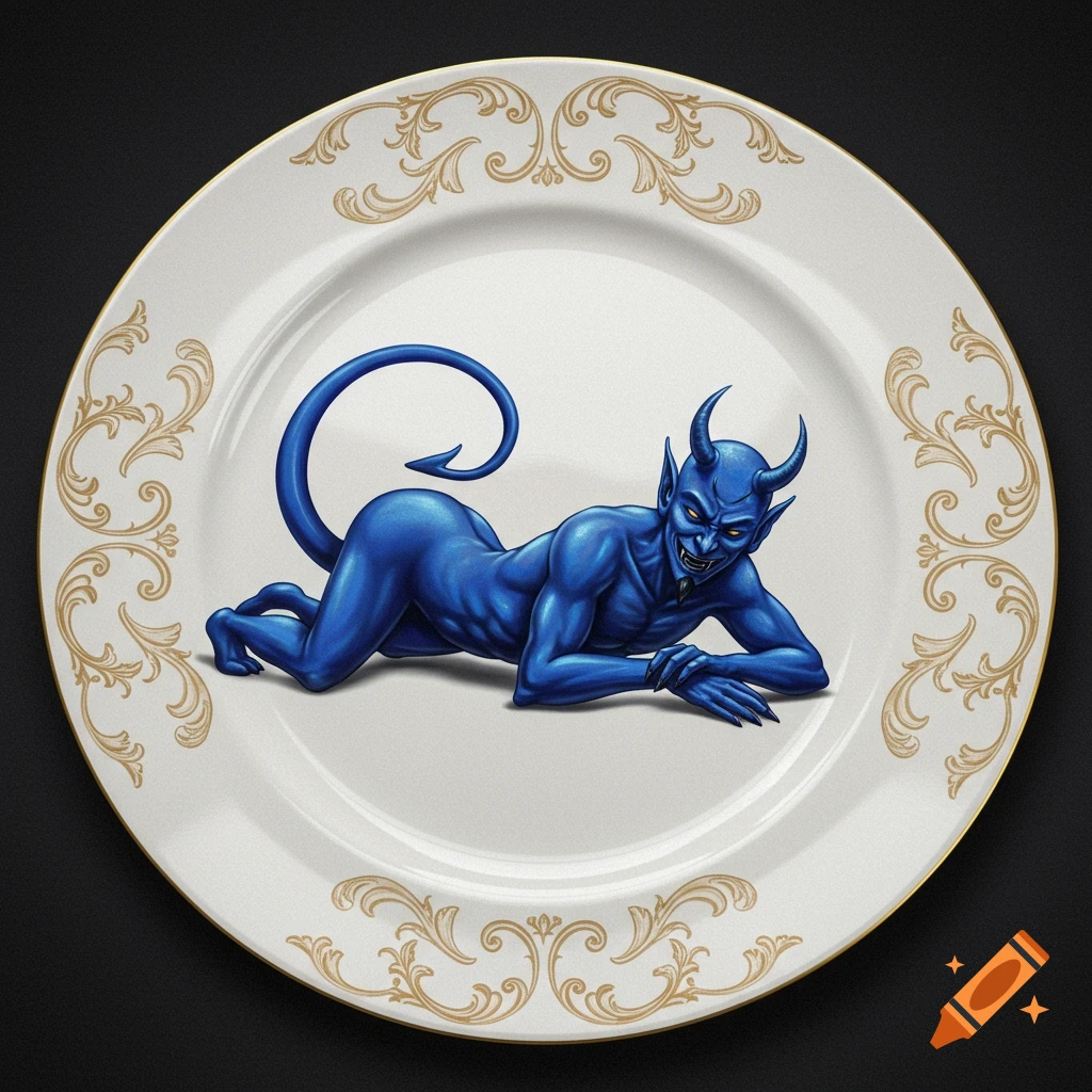 A muscular blue devil with horns and a tail, lying provocatively on a white dinner plate with gold ornate trim.