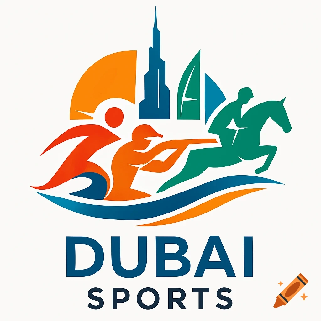 A colorful logo for Dubai Sports featuring a skyline, runner, shooter, and equestrian in motion above waves.