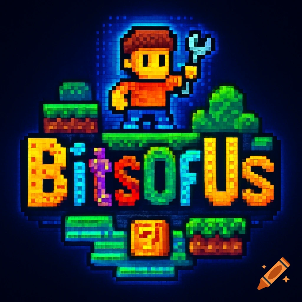 Colorful pixel art logo for 'BitsOfUs' software, with a character holding a wrench over blocky text and platforms.