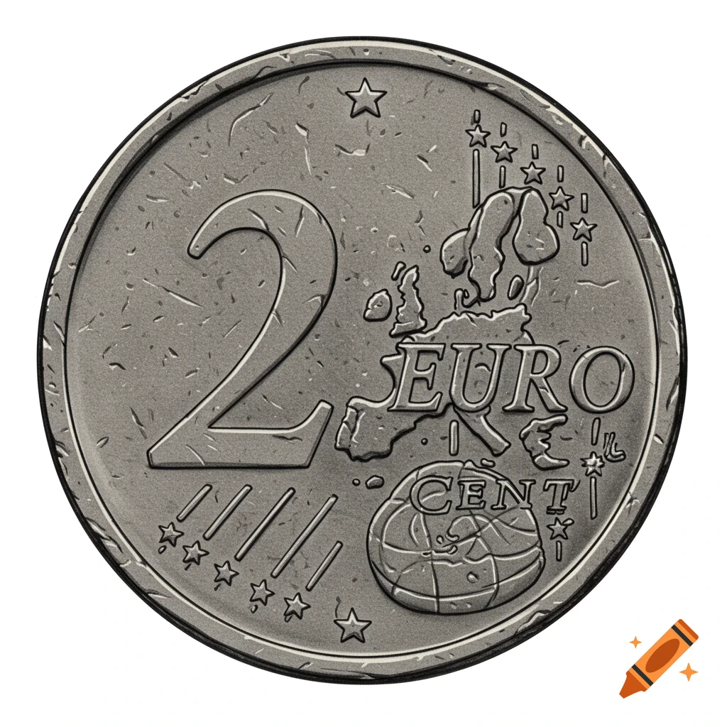 A detailed black and grey illustration of a 2 euro cent coin, featuring the number 2, the word EURO, a map of Europe, and stars.