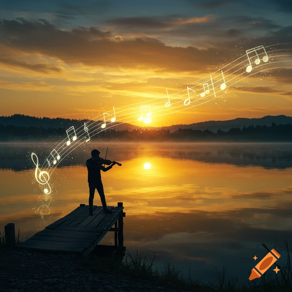 A silhouetted person plays a violin on a wooden dock over a still lake at sunset, with glowing musical notes rising from the instrument.