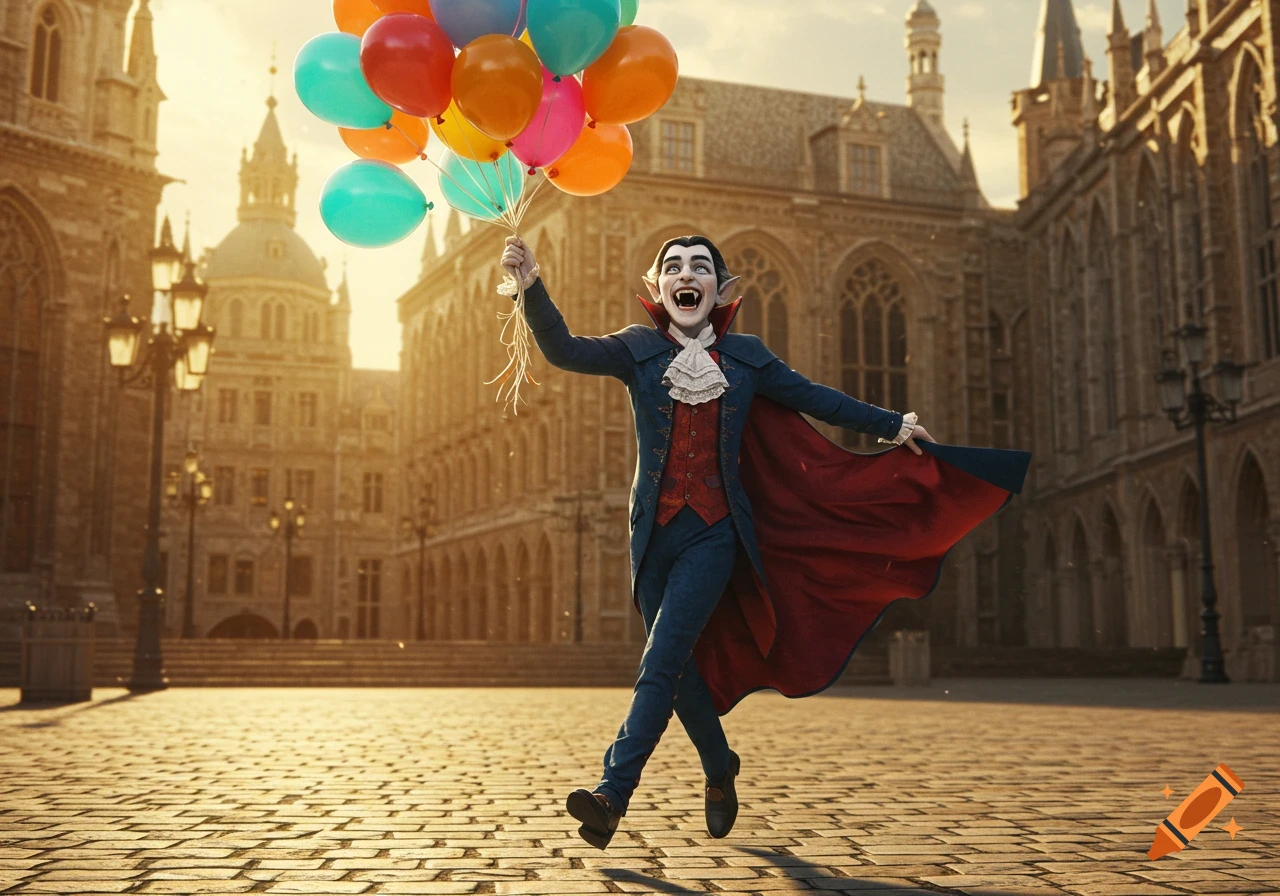 A happy vampire in a dark suit and red cape skips on a cobblestone street, holding many colorful balloons in front of old buildings at sunset.