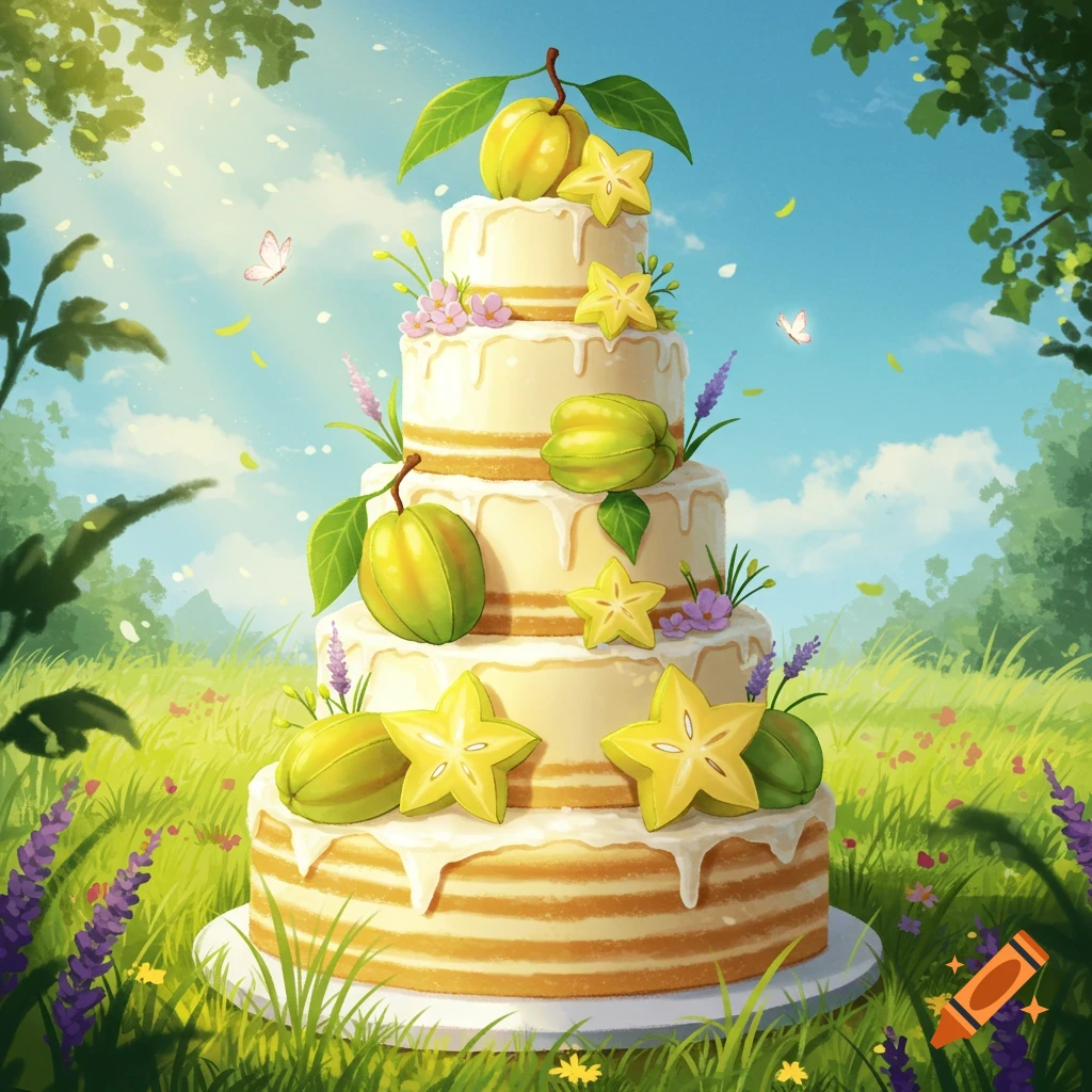 A tiered wedding cake decorated with starfruit and green tropical fruits, set in a sunny, flower-filled meadow with butterflies.