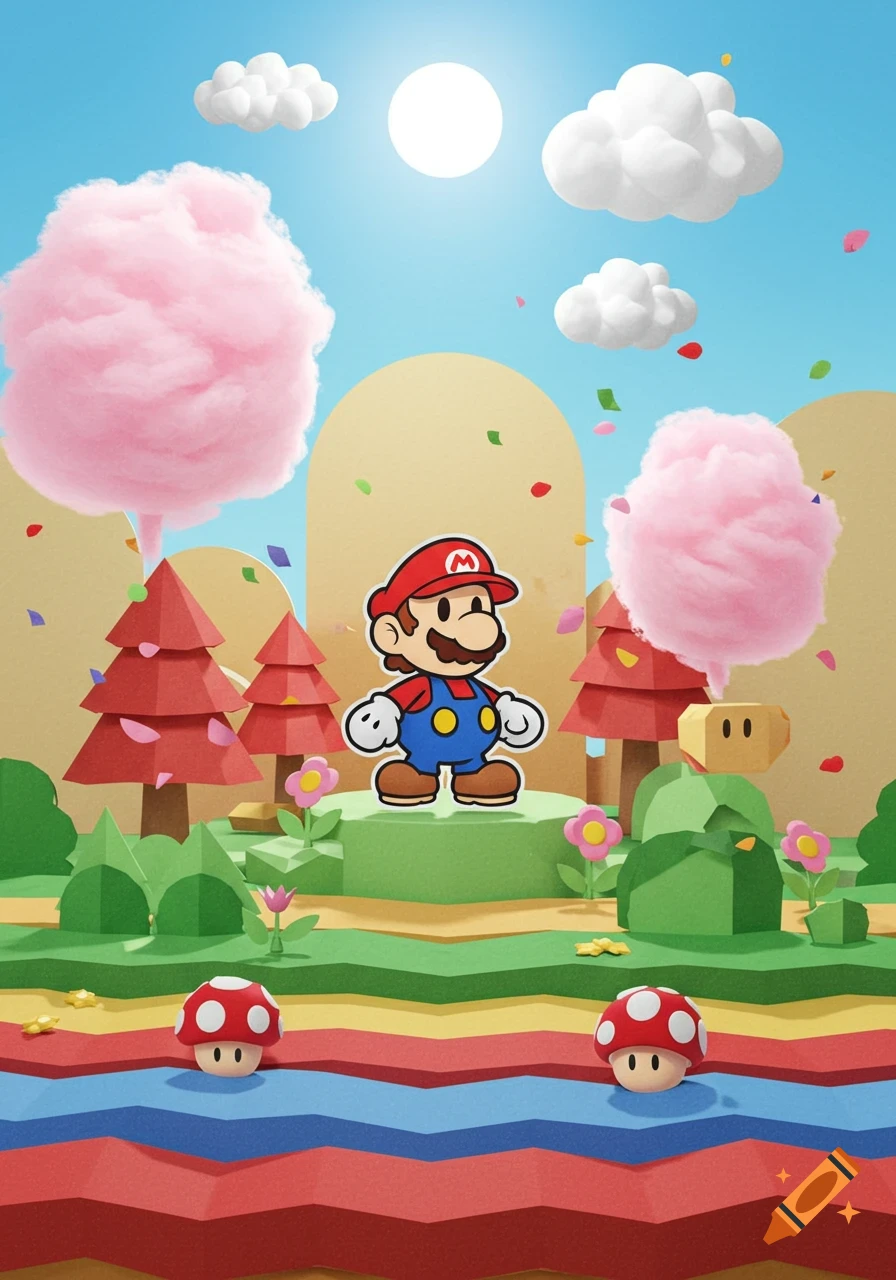 Paper Mario stands on a green block in a colorful paper craft diorama world with mushroom power-ups, cotton candy trees, and fluffy clouds.