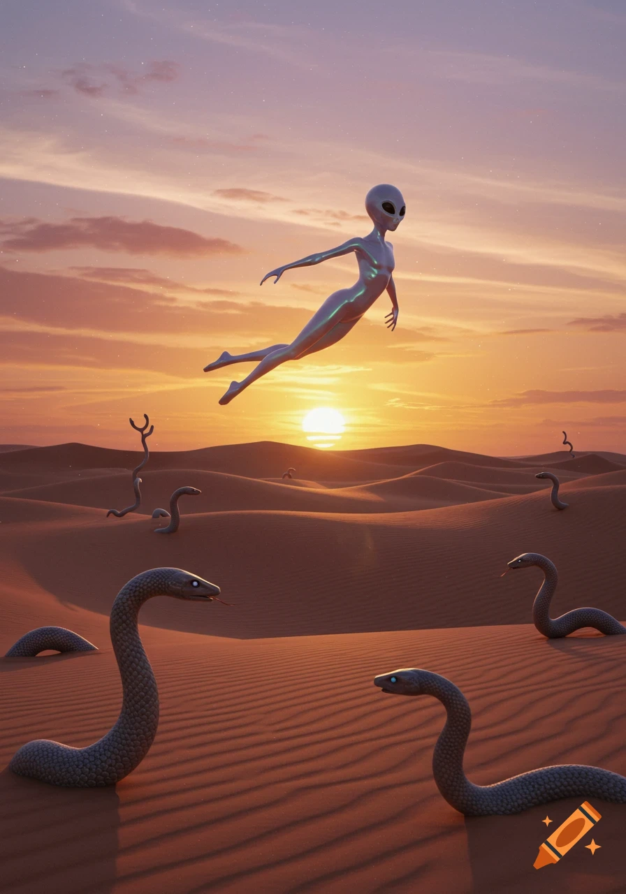 A metallic alien floats above a desert with snakes emerging from the sand during sunset.