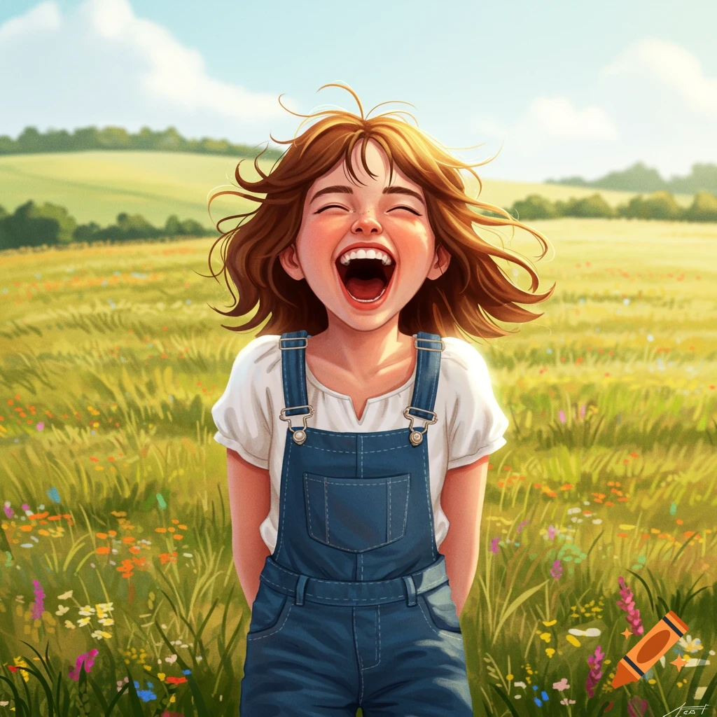 A joyful cartoon girl with brown hair and overalls laughs with an open mouth in a sunny field of wildflowers.