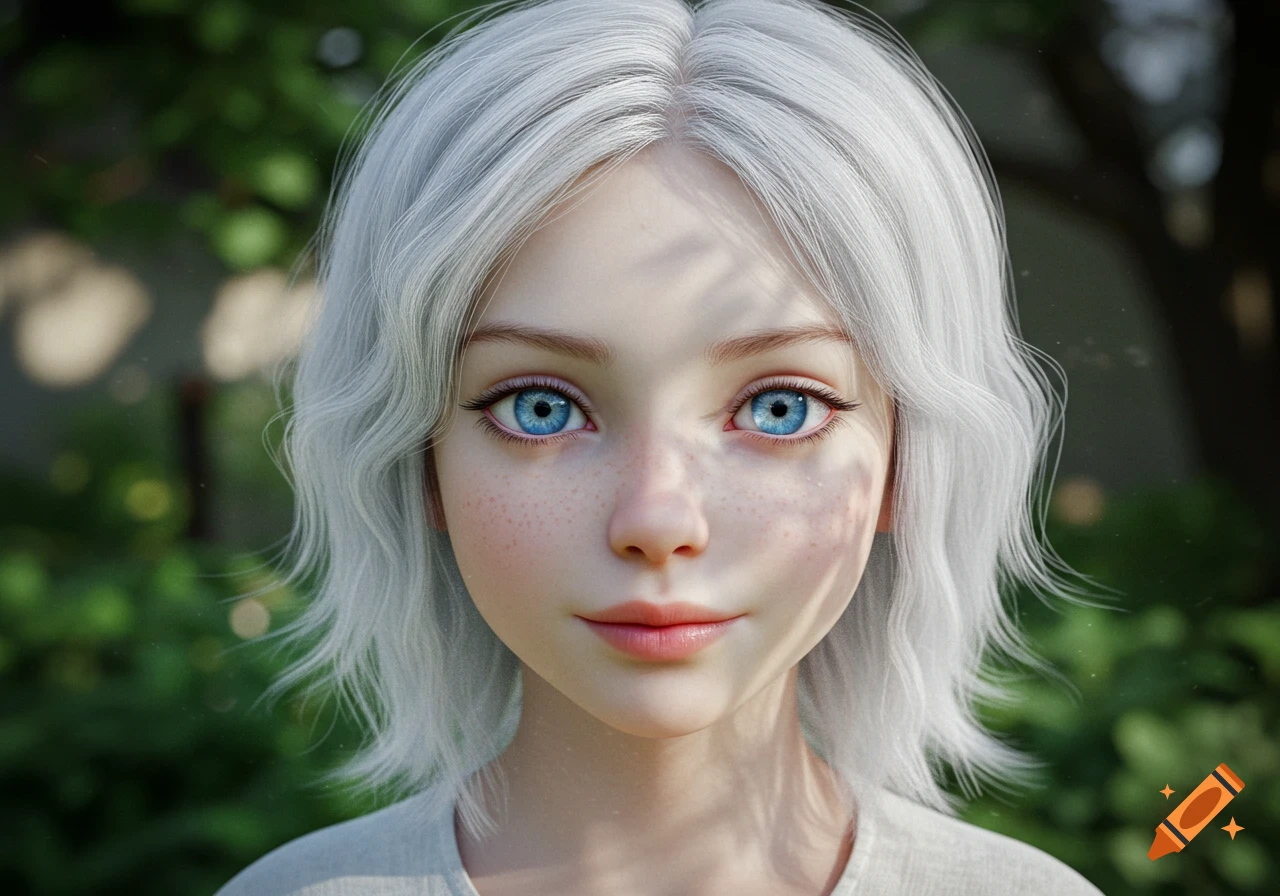 Close-up of a young person with white hair, bright blue eyes, and freckles, in a photorealistic digital art style.