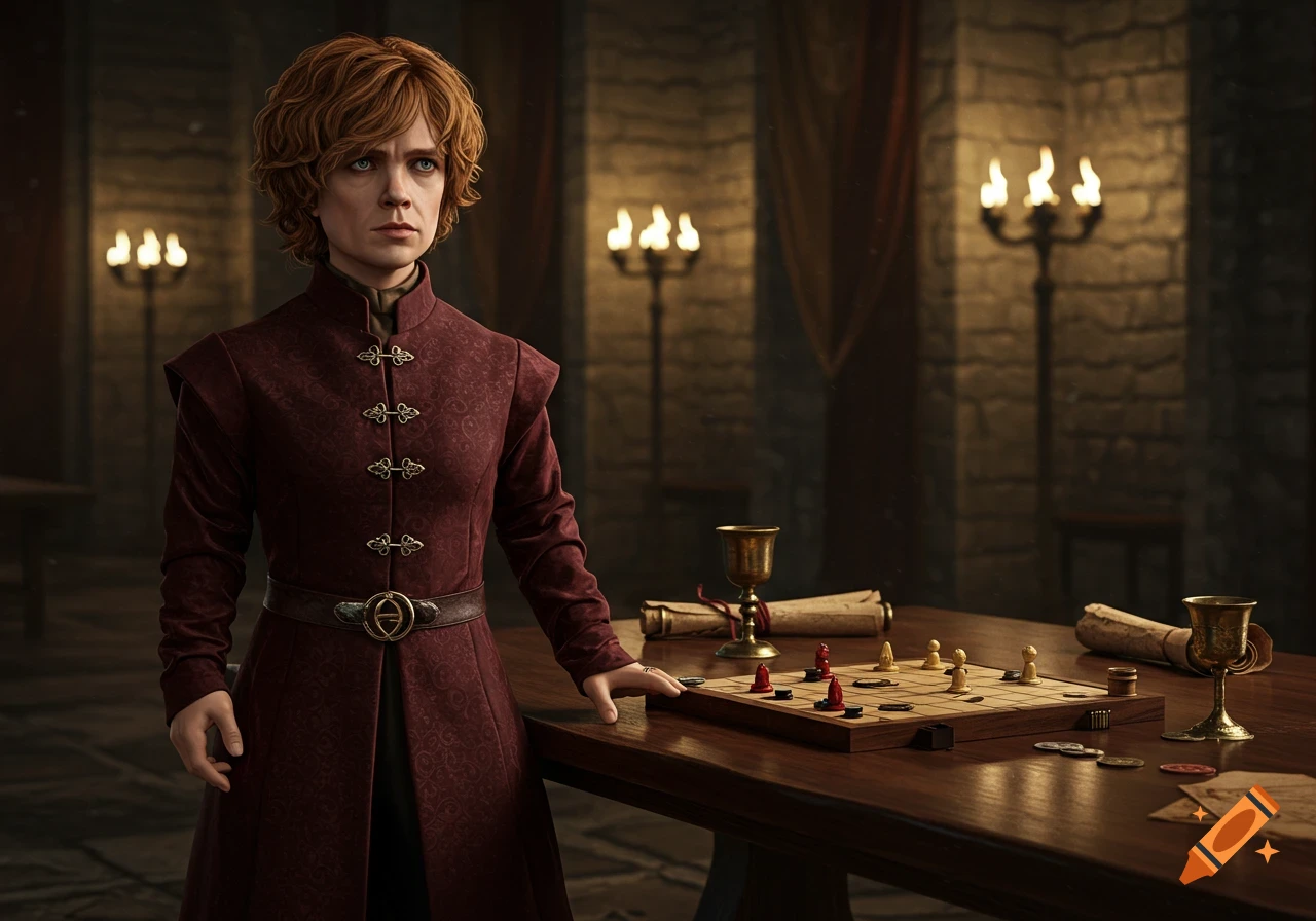 Photorealistic portrait of a woman resembling a female Tyrion Lannister in a maroon coat, standing beside a chessboard in a dimly lit fantasy room.