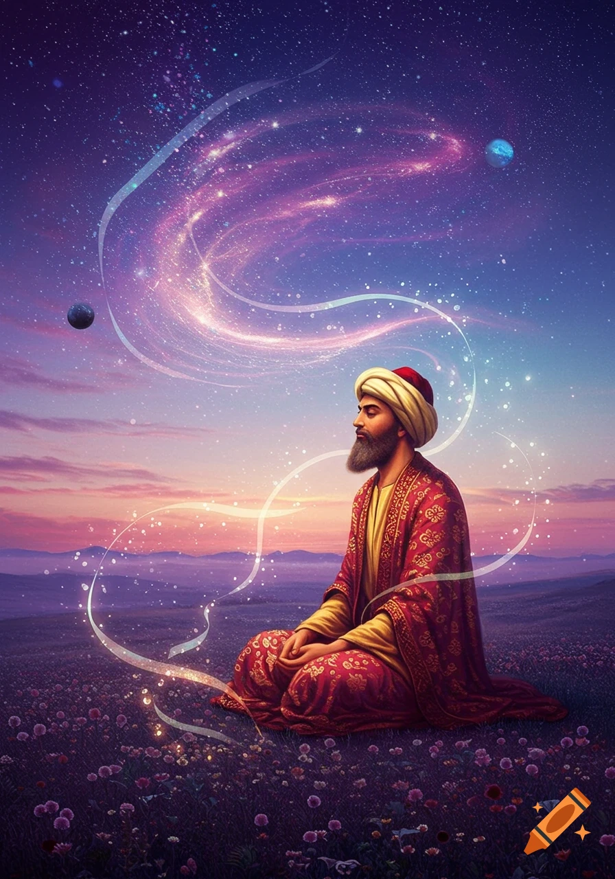 A man in traditional red and gold robes meditates in a field of flowers under a cosmic, star-filled sky with swirling lights.