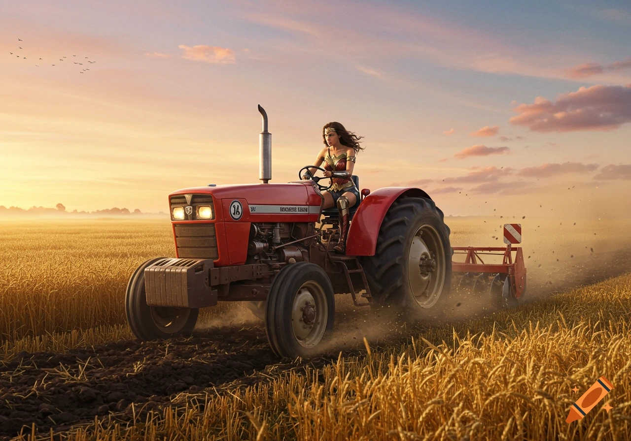Wonder Woman drives a red tractor, plowing a golden field at sunset in a photorealistic style.