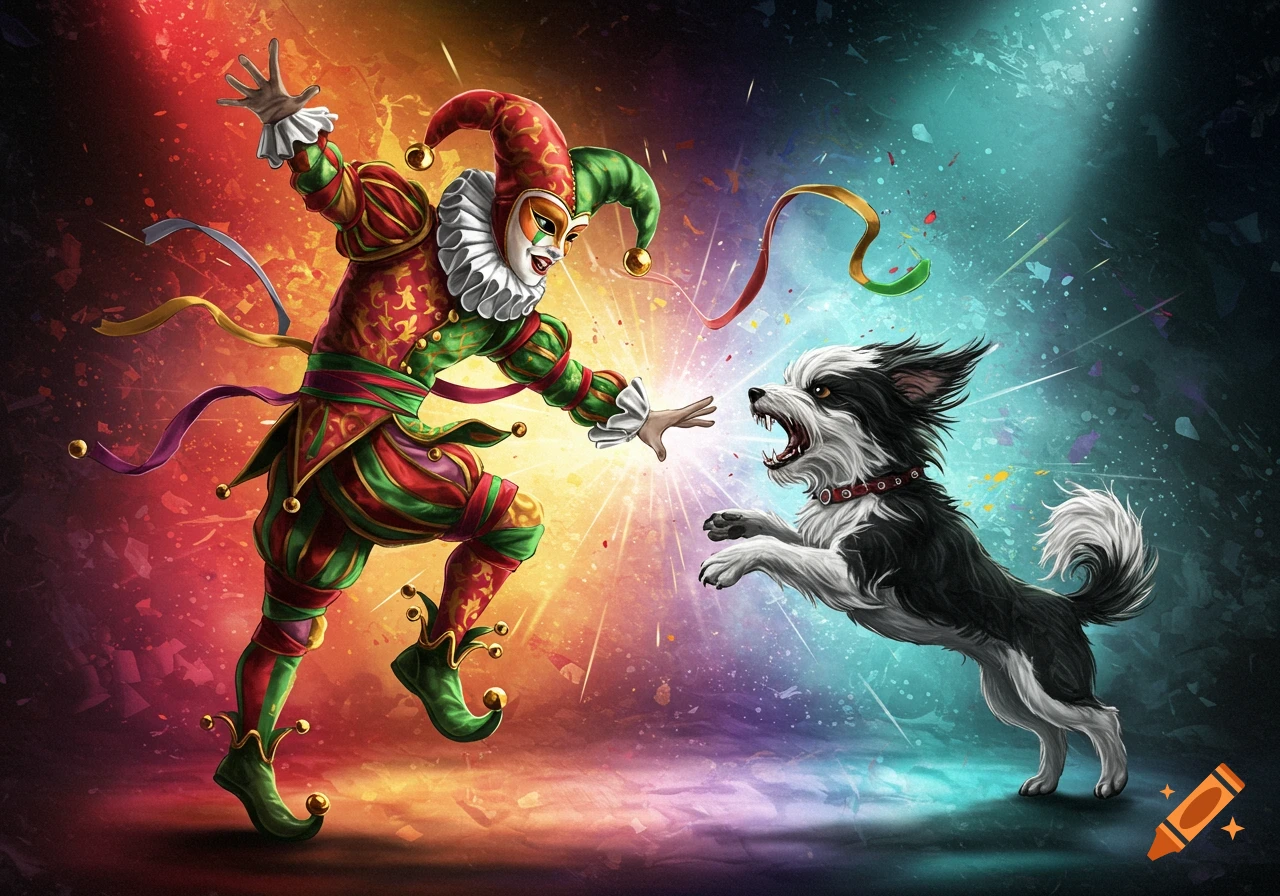 A colorful jester in red and green costume faces off against an aggressive black and white dog under vibrant spotlights.