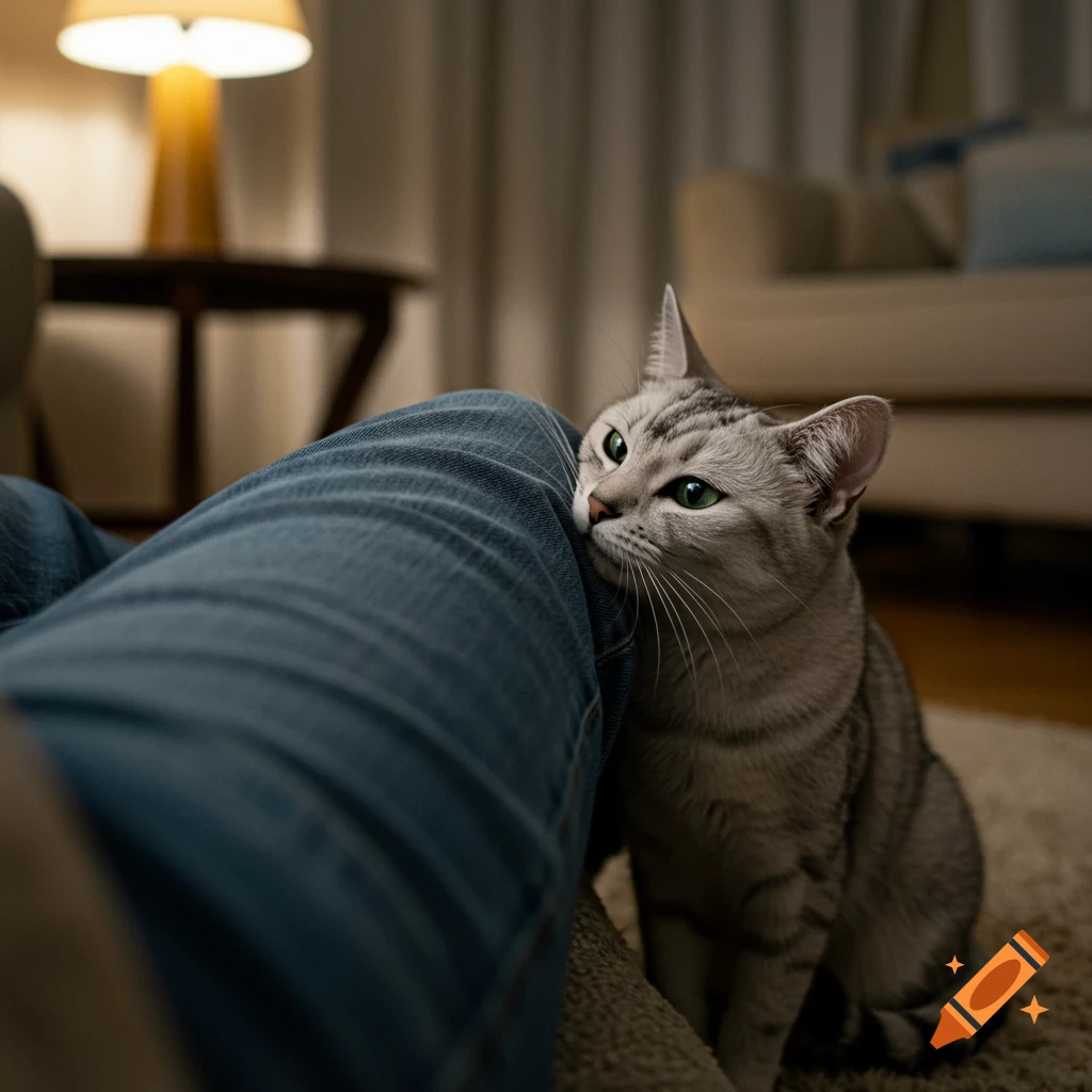 A photorealistic grey tabby cat with green eyes playfully bites a person's blue-jeaned leg in a cozy living room.