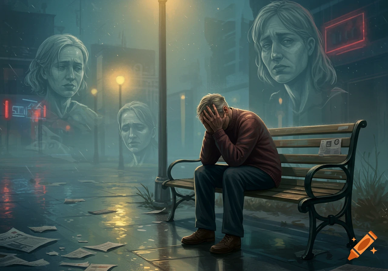 A distressed man sits on a rainy park bench, head in hands, with ghostly female faces appearing in the background.