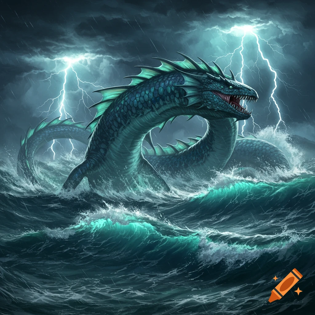 A massive green and blue sea monster with sharp teeth and fins emerges from a stormy ocean under lightning-filled skies.