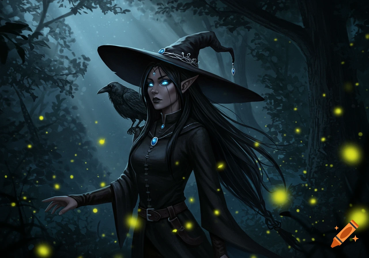 Digital art of an elf witch with black hair, glowing blue eyes, and a raven, in a dark, firefly-lit forest.